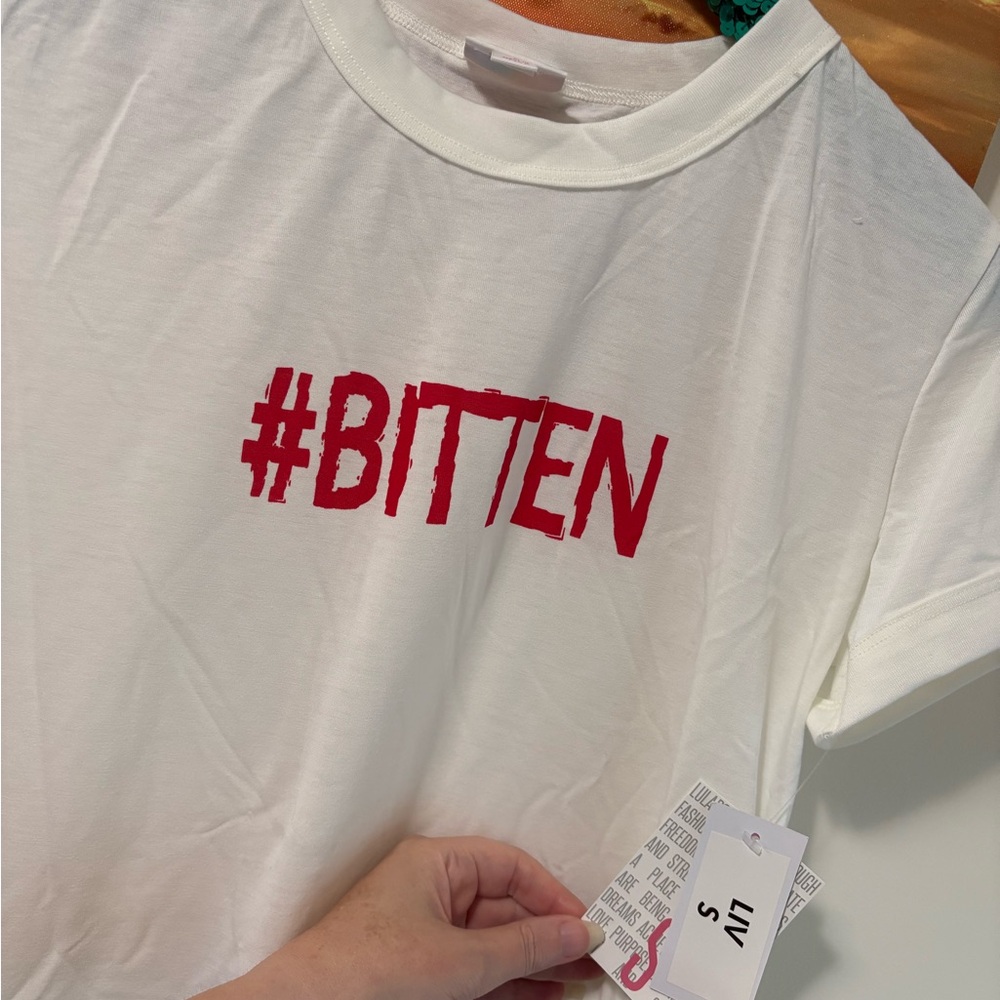 Lularoe Liv White T-Shirt with Red #BITTEN Graphic NWT S Halloween